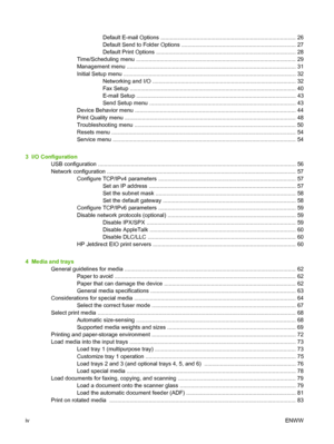 Page 6
Default E-mail Options ...................................................................................... 26
Default Send to Folder Options ......................................................................... 27
Default Print Options ......................................................................................... 28
Time/Scheduling menu ...................................................................................................... 29
Management menu...