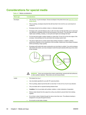 Page 76Considerations for special media
Table 4-1  Media considerations
Media typeConsiderations
Envelopes●Use only tray 1 to print envelopes. Choo
se envelopes in the printer driver (see Select the correct
printer driver).
● Prior to printing, envelopes should lie flat wi
th less than 6 mm (0.25 in) curl, and should not
contain air.
● Envelopes should not be wrinkled,
 nicked, or otherwise damaged.
● Envelopes with a peel-off adhesive strip or with mo
re than one flap that folds over to seal must
use adhesives...