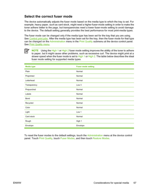 Page 79Select the correct fuser mode
The device automatically adjusts the fuser mode based on the media type to which the tray is set. For
example, heavy paper, such as card stock, might need a higher fuser-mode setting in order to make the
toner adhere better to the page, but transparencies need a lower fuser-mode setting to avoid damage
to the device. The default setting generally provides the best performance for most print-media types.
The fuser mode can be changed only if the media type has been set for...