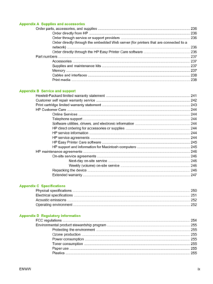 Page 11
Appendix A  Supplies and accessoriesOrder parts, accessories, and supplies ........................................................................................ .... 236
Order directly from HP ..................................................................................................... 23 6
Order through service or support providers ..................................................................... 236
Order directly through the embedded Web server  (for printers that are connected to a...