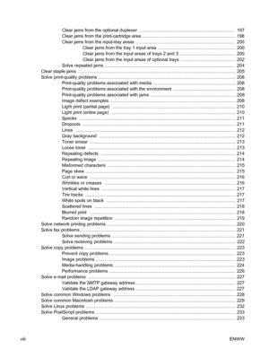 Page 10
Clear jams from the optional duplexer .............................................................................  197
Clear jams from the print-cartridge area .......................................................................... 198
Clear jams from the input-tray areas ............................................................................... 200 Clear jams from the tray 1 input area .............................................................. 200
Clear jams from the input areas of trays...