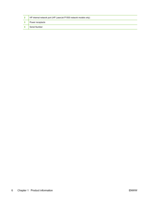 Page 162HP internal network port (HP LaserJet P1500 network models only)
3Power receptacle
4Serial Number
6 Chapter 1   Product information ENWW
 