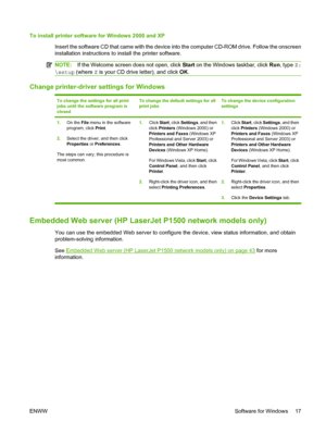Page 27To install printer software for Windows 2000 and XP
Insert the software CD that came with the device into the computer CD-ROM drive. Follow the onscreen
installation instructions to install the printer software.
NOTE:If the Welcome screen does not open, click Start on the Windows taskbar, click Run, type Z:
\setup (where Z is your CD drive letter), and click OK.
Change printer-driver settings for Windows
To change the settings for all print
jobs until the software program is
closedTo change the default...