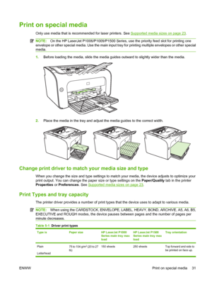 Page 41Print on special media
Only use media that is recommended for laser printers. See Supported media sizes on page 23.
NOTE:On the HP LaserJet P1006/P1009/P1500 Series, use the priority feed slot for printing one 
envelope or other special media. Use the main input tray for printing multiple envelopes or other special
media.
1. Before loading the media, slide the media guides outward to slightly wider than the media.
2.Place the media in the tray and adjust the media guides to the correct width.
Change...