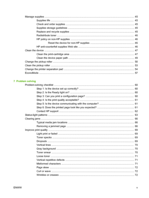 Page 7Manage supplies ................................................................................................................................ 45
Supplies life .......................................................................................................................  45
Check and order supplies .................................................................................................. 45
Supplies storage guidelines...