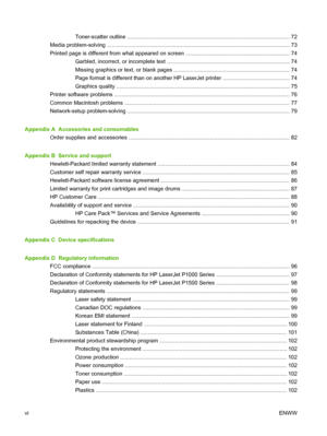 Page 8Toner-scatter outline .......................................................................................................... 72
Media problem-solving ....................................................................................................................... 73
Printed page is different from what appeared on screen .................................................................... 74
Garbled, incorrect, or incomplete text...