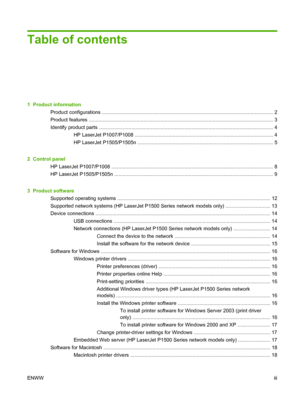 Page 5Table of contents
1  Product information
Product configurations .......................................................................................................................... 2
Product features ................................................................................................................................... 3
Identify product parts ............................................................................................................................ 4
HP LaserJet...