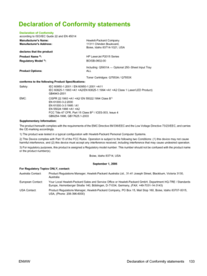 Page 143
Declaration of Conformity statements
Declaration of Conformity
according to ISO/IEC Guide 22 and EN 45014
Manufacturers Name:Hewlett-Packard Company
Manufacturers Address: 11311 Chinden Boulevard,
Boise, Idaho 83714-1021, USA
declares that the product
Product Name 
4): HP LaserJet P2015 Series
Regulatory Model 3): BOISB-0602-00
Including: Q5931A — Optional 250–Sheet Input Tray
Product Options: ALL
Toner Cartridges: Q7553A / Q7553X
conforms to the following Product Specifications:
Safety: IEC...