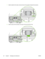 Page 78
7.Slide the right tab to the right, and leave the tab in this position throughout the procedure.
8.Slide the pickup roller assembly to the right, and remove the left end cap.
68 Chapter 6   Managing and maintenance ENWW
 