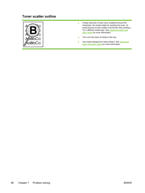 Page 106
Toner scatter outline
●If large amounts of toner have scattered around the
characters, the media might be resisting the toner. (A
small amount of toner scatter is normal for laser printing.)
Try a different media type. See 
Supported paper and
other media
 for more information.
● Turn over the stack of media in the tray.
● Use media designed for laser printers. See 
Supported
paper and other media
 for more information.
96 Chapter 7   Problem solving ENWW
 