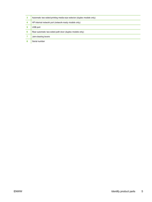 Page 15
3Automatic two-sided-printing media-size selector (duplex models only)
4HP internal network port (network-ready models only)
5USB port
6Rear automatic two-sided path door (duplex models only)
7Jam-clearing levers
8Serial number
ENWWIdentify product parts 5
 