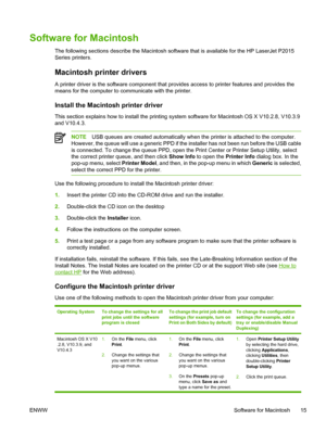 Page 25
Software for Macintosh
The following sections describe the Macintosh software that is available for the HP LaserJet P2015
Series printers.
Macintosh printer drivers
A printer driver is the software component that provides access to printer features and provides the
means for the computer to communicate with the printer.
Install the Macintosh printer driver
This section explains how to install the printing system software for Macintosh OS X V10.2.8, V10.3.9
and V10.4.3.
NOTEUSB queues are created...