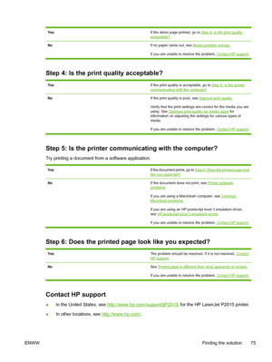 Page 85
YesIf the demo page printed, go to Step 4: Is the print qualityacceptable?
NoIf no paper came out, see Media problem solving.
If you are unable to resolve the problem, 
Contact HP support .
Step 4: Is the print quality acceptable?
YesIf the print quality is acceptable, go to Step 5: Is the printer
communicating with the computer?
No If the print quality is poor, see Improve print quality.
Verify that the print settings are correct for the media you are
using. See 
Optimize print quality for media types...