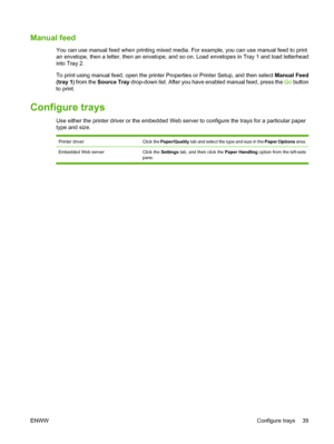 Page 49Manual feed
You can use manual feed when printing mixed media. For example, you can use manual feed to print
an envelope, then a letter, then an envelope, and so on. Load envelopes in Tray 1 and load letterhead
into Tray 2.
To print using manual feed, open the printer Properties or Printer Setup, and then select Manual Feed
(tray 1)  from the  Source Tray  drop-down list. After you have enabled manual feed, press the  Go button
to print.
Configure trays
Use either the printer driver or the embedded Web...