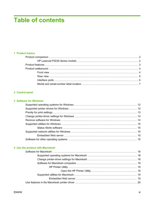 Page 5Table of contents
1  Product basicsProduct comparison ............................................................................................................ ................. 2
HP LaserJet P2030 Series models ...................................................................................... 2
Product features .............................................................................................................. ..................... 3
Product walkaround...