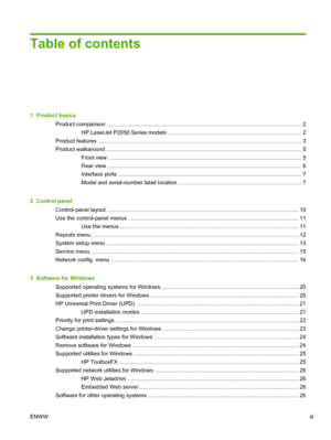 Page 5Table of contents
1  Product basicsProduct comparison ............................................................................................................ ................. 2
HP LaserJet P2050 Series models ...................................................................................... 2
Product features .............................................................................................................. ..................... 3
Product walkaround...