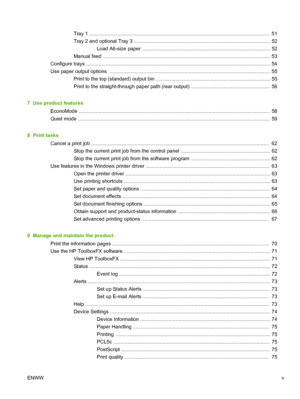 Page 7Tray 1 ................................................................................................................................. 51
Tray 2 and optional Tray 3 ................................................................................................. 52 Load A6-size paper ........................................................................................... 52
Manual feed ......................................................................................................................