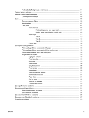 Page 9Factors that affect product performance .......................................................................... 101
Restore factory settings ...................................................................................................... .............. 101
Interpret control-panel messages .............................................................................................. ....... 102
Control-panel messages...