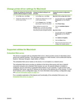 Page 41Change printer-driver settings for Macintosh
Change the settings for all print jobs
until the software program is closedChange the default settings for all
print jobsChange the product configuration
settings
1.On the File  menu, click  Print.
2. Change the settings that you want
on the various menus. 1.
On the  File menu, click  Print.
2. Change the settings that you want
on the various menus.
3. On the  Presets  menu, click  Save
as and type a name for the preset.
These settings are saved in the
Presets...