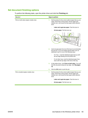 Page 77Set document finishing options
To perform the following tasks, open the printer driver and click the Finishing tab.
How do ISteps to perform
Print on both sides (duplex models only)1.Set the product for the correct width of paper that you are
using. At the back of the product, lift the duplex jam-
release door, and locate the blue paper-width selection
lever.
◦Letter and Legal-size paper
: Push the lever in.
◦ A4-size paper
: Pull the lever out.
2.Insert enough paper into one of the trays to accommodate...