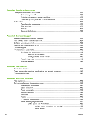 Page 10Appendix A  Supplies and accessoriesOrder parts, accessories, and supplies ........................................................................................ ....  132
Order directly from HP ..................................................................................................... 13 2
Order through service or support providers ..................................................................... 132
Order directly through the HP ToolboxFX software...