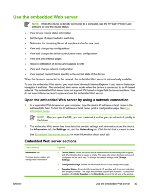 Page 101
Use the embedded Web server
NOTEWhen the device is directly connected to a computer, use the HP Easy Printer Care
software to view the device status.
● View device control status information
● Set the type of paper loaded in each tray
● Determine the remaining life on all supplies and order new ones
● View and change tr
ay configurations
● View and change the device control panel menu configuration
● View and print internal pages
● Receive notification of device and supplies events
● View and change...