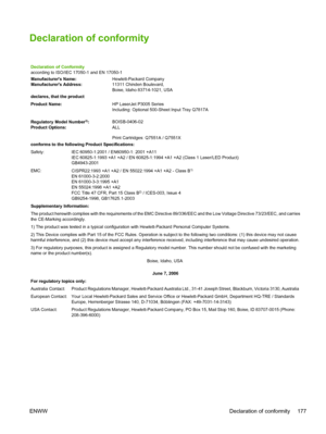 Page 189Declaration of conformity
Declaration of Conformity
according to ISO/IEC 17050-1 and EN 17050-1
Manufacturers Name:Hewlett-Packard Company
Manufacturers Address: 11311 Chinden Boulevard,
Boise, Idaho 83714-1021, USA
declares, that the product
Product Name: HP LaserJet P3005 Series
Including: Optional 500-Sheet Input Tray Q7817A
   
Regulatory Model Number
3): BOISB-0406-02
Product Options: ALL
Print Cartridges: Q7551A / Q7551X
conforms to the following Product Specifications:
Safety: IEC 60950-1:2001 /...