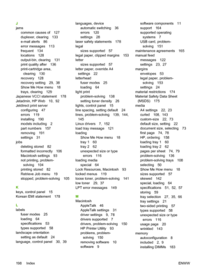 Page 210
J
jamscommon causes of 127
duplexer, clearing 133
e-mail alerts 86
error messages 113
frequent 134
locations 128
output-bin, clearing 131
print quality after 136
print-cartridge area,clearing 130
recovery 128
recovery setting 29,  38
Show Me How menu 18
trays, clearing 129
Japanese VCCI statement 178
Jetadmin, HP Web 10,  92
Jetdirect print server configuring 47
errors 119
installing 190
models including 2
part numbers 157
removing 191
settings 31
jobs
deleting stored 82
formatted incorrectly 106...