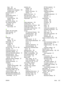 Page 213
trays 108
white spots 145
Windows error messages 149
wrinkled paper 143
processor speed 3
ProRes 3
PS Emulation drivers 7
PS error pages problem-solving 104
settings 23
PS font list, printing 20
PS, setting as device language 28
punched paper fuser modes 25
Q
quality.  See print quality
quick copy jobs 27
quick sets 72
R
RAM disk errors 123
settings 30,  39
Ready light 15
rear output bin locating 5
printing to 69
recovery, jam 29,  38,  128
recycling 173
reducing documents 73
registration settings 24...