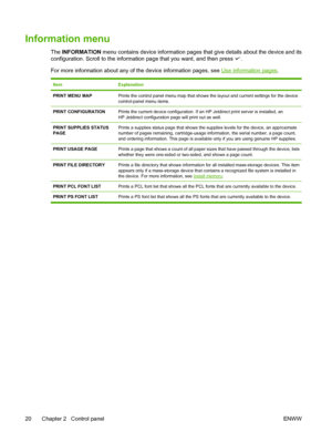 Page 32
Information menu
The INFORMATION  menu contains device information pages th at give details about the device and its
configuration. Scroll to the information page that you want, and then press 
.
For more information about any of the device information pages, see 
Use information pages .
ItemExplanation
PRINT MENU MAPPrints the control panel menu map that shows  the layout and current settings for the device
control-panel menu items. 
PRINT CONFIGURATIONPrints the current device configuration. If an  HP...