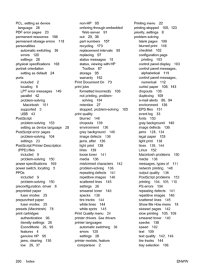 Page 212
PCL, setting as devicelanguage 28
PDF error pages 23
permanent resources 188
permanent storage errors 118
personalities automatic switching 36
errors 120
settings 28
physical specifications 168
portrait orientation setting as default 24
ports
included 2
locating 6
LPT error messages 149
parallel 42
problem-solvingMacintosh 151
supported 3
USB 43
PostScript
problem-solving 153
setting as device language 28
PostScript error pages
problem-solving 104
settings 23
PostScript Printer Description (PPD) files...