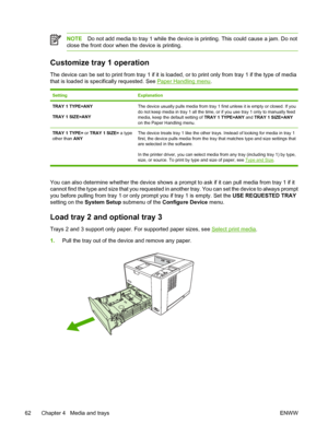 Page 74
NOTEDo not add media to tray 1 while the device is  printing. This could cause a jam. Do not
close the front door when the device is printing.
Customize tray 1 operation
The device can be set to print from tray 1 if it is loaded, or to print only from tray 1 if the type of media
that is loaded is specifically requested. See 
Paper Handling menu .
SettingExplanation
TRAY 1 TYPE=ANY
TRAY 1 SIZE=ANYThe device usually pulls media from tray 1 fi rst unless it is empty or closed. If you
do not keep media in...