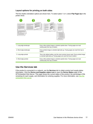 Page 89
23523
3
5 2
3
5 2
1234
5
1. Long-edge landscapeEvery other printed image is oriented upside-down. Facing pages are read
continuously from top to bottom.
2. Short-edge landscapeEvery printed image is oriented right-side
-up. Facing pages are read from top to
bottom.
3. Long-edge portraitThis is the default setting, and the most common layout used. Every printed image
is oriented right-side-up. Facing pages are read from top to bottom.
4. Short-edge portrait Every other printed image is oriented...