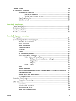 Page 11Customer support ............................................................................................................................. 206
HP maintenance agreements ........................................................................................................... 207
On-site service agreements ............................................................................................. 207
Next-day on-site service...