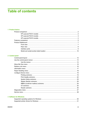 Page 5Table of contents
1  Product basics
Product comparison ............................................................................................................................. 2
HP LaserJet P4014 models ................................................................................................. 2
HP LaserJet P4015 models ................................................................................................. 3
HP LaserJet P4515 models...