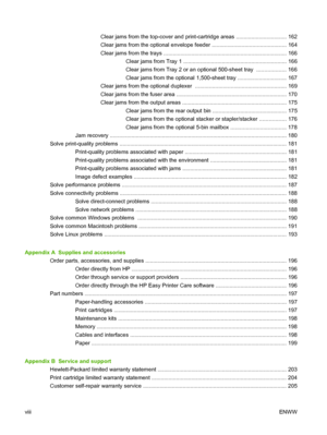 Page 10Clear jams from the top-cover and print-cartridge areas ................................. 162
Clear jams from the optional envelope feeder ................................................ 164
Clear jams from the trays ................................................................................ 166
Clear jams from Tray 1 ................................................................... 166
Clear jams from Tray 2 or an optional 500-sheet tray  ................... 166
Clear jams from the optional...