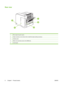 Page 20Rear view
       1
2
34
5
1Rear output bin (pull to open)
2Duplex accessory cover (remove this to install the duplex printing accessory)
3Interface ports
4Right cover (provides access to the DIMM slot)
5On/off switch
8 Chapter 1   Product basicsENWW
 