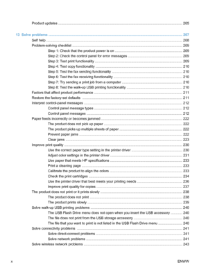 Page 12Product updates ............................................................................................................................... 205
13  Solve problems ............................................................................................................ ............................. 207
Self help ..................................................................................................................... ...................... 208
Problem-solving checklist...