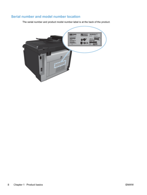 Page 24Serial number and model number location
The serial number and product model number label is at the back of the product.
8 Chapter 1   Product basicsENWW
 