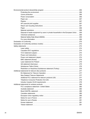 Page 14Environmental product stewardship program ................................................................................... 266
Protecting the environment .............................................................................................. 266
Ozone production ............................................................................................................  2 66
Power consumption...