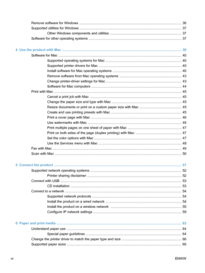 Page 8Remove software for Windows ........................................................................................................... 36
Supported utilities for Windows ............................................................................................... ........... 37
Other Windows components and utilities ........................................................................... 37
Software for other operating systems...