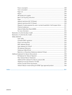 Page 13Power consumption ............................................................................................... 248
Toner consumption ................................................................................................ 249
Paper use ............................................................................................................. 249
Plastics ................................................................................................................. 249
HP LaserJet print...