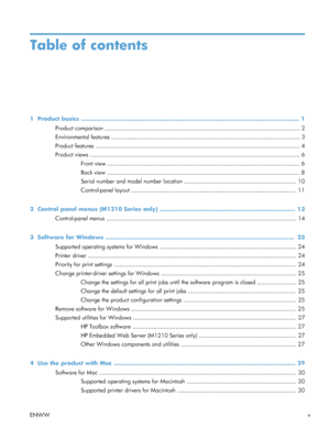 Page 7Table of contents
1  Product basics .................................................................................................................. 1
Product comparison ............................................................................................................ ...... 2
Environmental features ........................................................................................................ ...... 3
Product features...