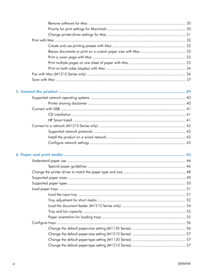 Page 8Remove software for Mac ......................................................................................... 30
Priority for print settings for Macintosh ....................................................................... 30
Change printer-driver settings for Mac ....................................................................... 31
Print with Mac ................................................................................................................ ....... 32
Create and use...