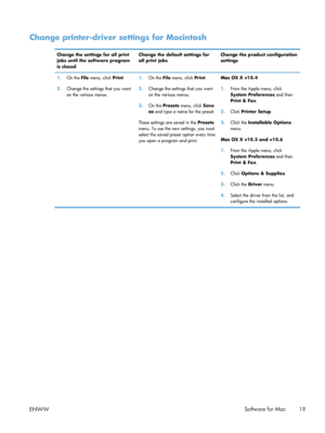 Page 33Change printer-driver settings for Macintosh
Change the settings for all print
jobs until the software program
is closedChange the default settings for
all print jobs
Change the product configuration
settings
1. On the  File menu, click  Print.
2. Change the settings that you want
on the various menus. 1.
On the File  menu, click  Print.
2. Change the settings that you want
on the various menus.
3. On the Presets  menu, click Save
as  and type a name for the preset.
These settings are saved in the...