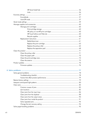 Page 10HP Smart Install tab .................................................................................. 56
Links ....................................................................................................... 56
Economy settings .............................................................................................................. ..... 57
EconoMode ............................................................................................................ 57
Auto-Off mode...