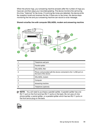 Page 93
When the phone rings, your answering machine answers after the number of rings you
have set, and then plays your recorded greeting. The device monitors the call during
this time, listening for fax tones. If incoming fax tones are detected, the device emits
fax reception tones and receives the fax; if  there are no fax tones, the device stops
monitoring the line and your answering machine can record a voice message.
Shared voice/fax line with computer DSL/ADSL modem and answering machine
1Telephone wall...