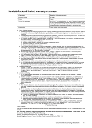 Page 161
Hewlett-Packard limited warranty statement
Hewlett-Packard limited warranty statement157
 