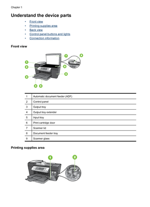 Page 12Understand the device parts
•Front view
•
Printing supplies area
•
Back view
•
Control panel buttons and lights
•
Connection information
Front view
1Automatic document feeder (ADF)
2Control panel
3Output tray
4Output tray extender
5Input tray
6Print cartridge door
7Scanner lid
8Document feeder tray
9Scanner glass
Printing supplies area
Chapter 1
8 Get started
 