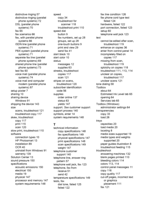 Page 170distinctive ringing 57
distinctive ringing (parallel
phone systems) 72
DSL (parallel phone
systems) 70
fax 65
fax scenarios 66
fax, with parallel phone
systems 66
ISDN line (parallel phone
systems) 71
PBX system (parallel phone
systems) 71
separate fax line (parallel
phone systems) 69
shared phone line (parallel
phone systems) 73
test fax 60
voice mail (parallel phone
systems) 74
voice mail and computer
modem (parallel phone
systems) 87
setup poster 7
sharing 10
sharing device
Windows 91
shipping the...